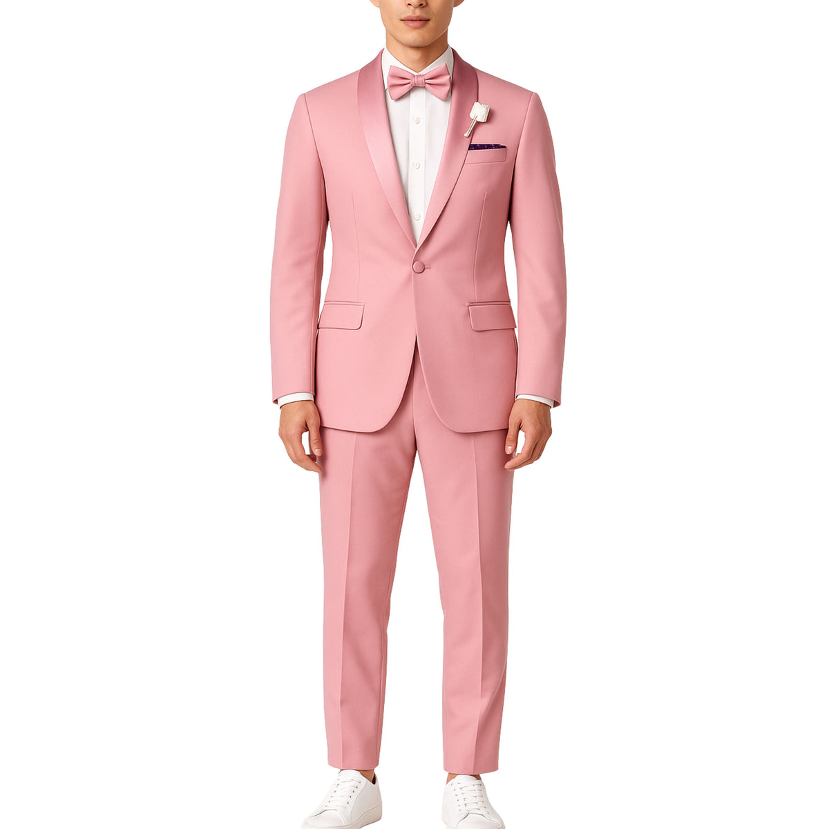 VINCI Men's Dusty Rose (Pink) Stretch 1-Button Slim-Fit Shawl Tuxedo - NEW. Features a sleek slim-fit design with skinny sateen shawl lapel and flat-front pants ready for tailoring. Ideal for weddings, galas, and formal occasions. Available at Fashion House Inc. (FH Menswear)