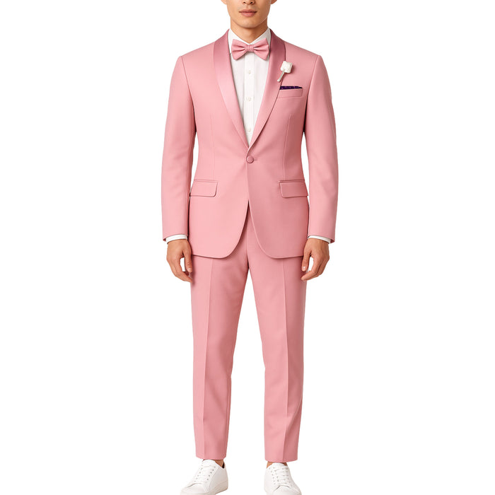 VINCI Men's Dusty Rose (Pink) Stretch 1-Button Slim-Fit Shawl Tuxedo - NEW. Features a sleek slim-fit design with skinny sateen shawl lapel and flat-front pants ready for tailoring. Ideal for weddings, galas, and formal occasions. Available at Fashion House Inc. (FH Menswear)