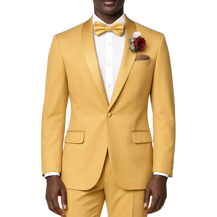 VINCI Men's Light Gold Stretch 1-Button Slim-Fit Shawl Tuxedo - NEW. Features a sleek slim-fit design with skinny sateen shawl lapel and flat-front pants ready for tailoring. Ideal for weddings, galas, and formal occasions. Available at Fashion House Inc. (FH Menswear)
