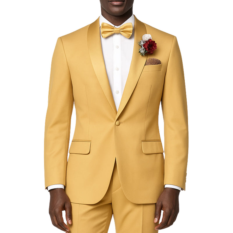 VINCI Men's Light Gold Stretch 1-Button Slim-Fit Shawl Tuxedo - NEW. Features a sleek slim-fit design with skinny sateen shawl lapel and flat-front pants ready for tailoring. Ideal for weddings, galas, and formal occasions. Available at Fashion House Inc. (FH Menswear)