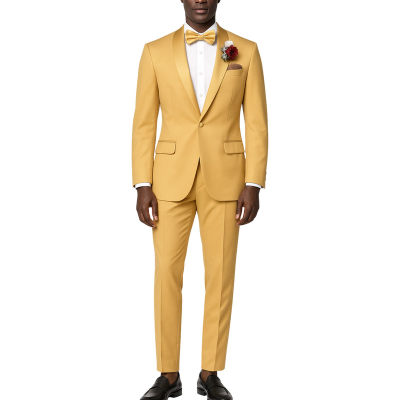 VINCI Men's Light Gold Stretch 1-Button Slim-Fit Shawl Tuxedo - NEW. Features a sleek slim-fit design with skinny sateen shawl lapel and flat-front pants ready for tailoring. Ideal for weddings, galas, and formal occasions. Available at Fashion House Inc. (FH Menswear)