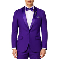 VINCI Men's Purple Stretch 1-Button Slim-Fit Shawl Tuxedo - NEW. Features a sleek slim-fit design with skinny sateen shawl lapel and flat-front pants ready for tailoring. Ideal for weddings, galas, and formal occasions. Available at Fashion House Inc. (FH Menswear)