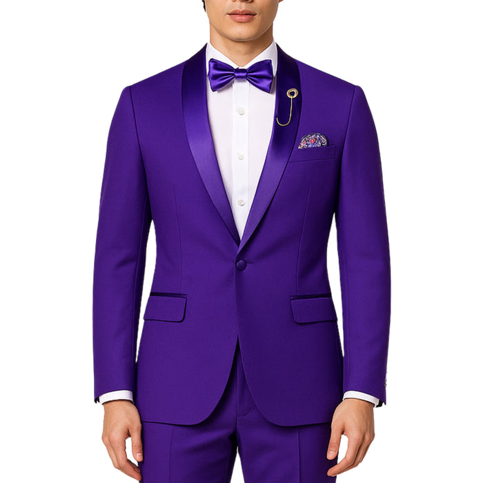 VINCI Men's Purple Stretch 1-Button Slim-Fit Shawl Tuxedo - NEW. Features a sleek slim-fit design with skinny sateen shawl lapel and flat-front pants ready for tailoring. Ideal for weddings, galas, and formal occasions. Available at Fashion House Inc. (FH Menswear)