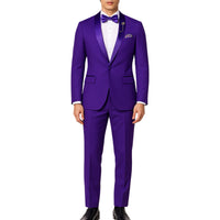 VINCI Men's Purple Stretch 1-Button Slim-Fit Shawl Tuxedo - NEW. Features a sleek slim-fit design with skinny sateen shawl lapel and flat-front pants ready for tailoring. Ideal for weddings, galas, and formal occasions. Available at Fashion House Inc. (FH Menswear)