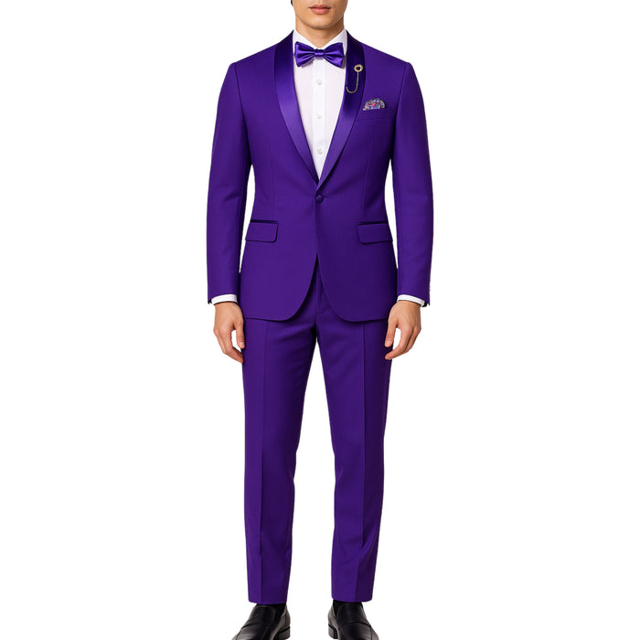 VINCI Men's Purple Stretch 1-Button Slim-Fit Shawl Tuxedo - NEW. Features a sleek slim-fit design with skinny sateen shawl lapel and flat-front pants ready for tailoring. Ideal for weddings, galas, and formal occasions. Available at Fashion House Inc. (FH Menswear)