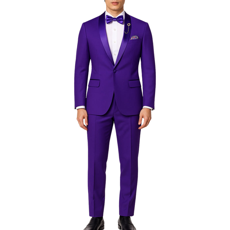 VINCI Men's Purple Stretch 1-Button Slim-Fit Shawl Tuxedo - NEW. Features a sleek slim-fit design with skinny sateen shawl lapel and flat-front pants ready for tailoring. Ideal for weddings, galas, and formal occasions. Available at Fashion House Inc. (FH Menswear)