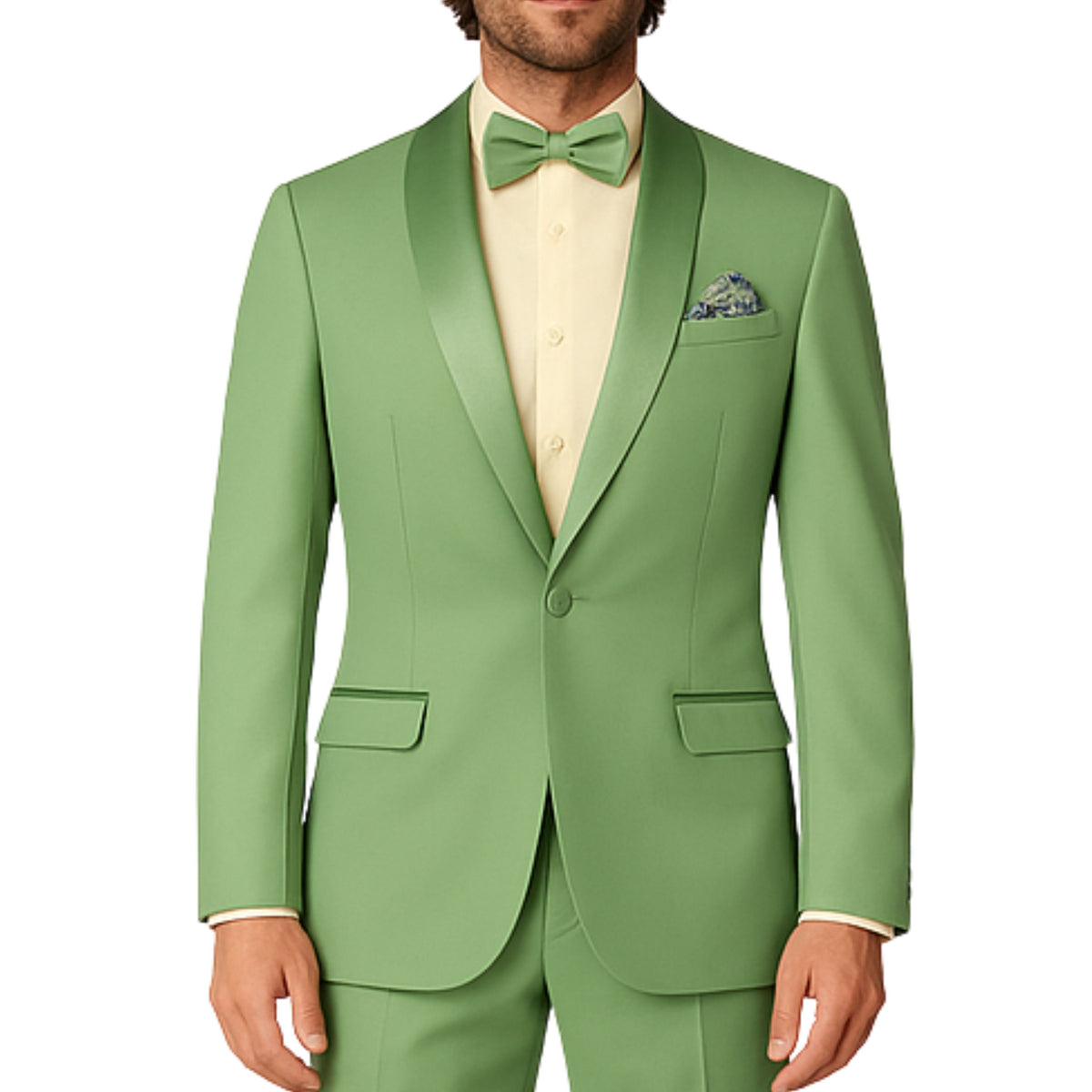 VINCI Men's Sage Green Stretch 1-Button Slim-Fit Shawl Tuxedo - NEW. Features a sleek slim-fit design with skinny sateen shawl lapel and flat-front pants ready for tailoring. Ideal for weddings, galas, and formal occasions. Available at Fashion House Inc. (FH Menswear)