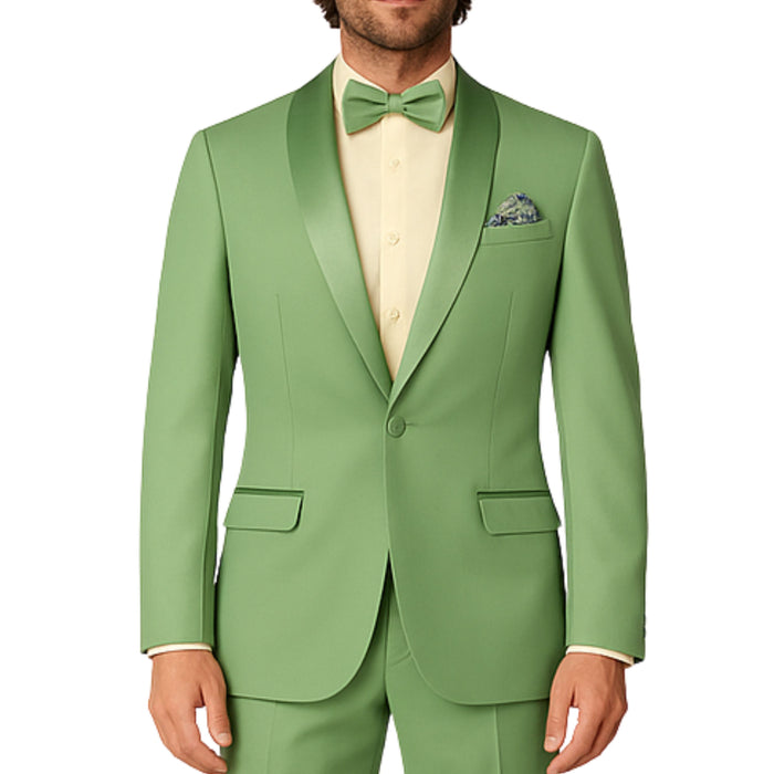 VINCI Men's Sage Green Stretch 1-Button Slim-Fit Shawl Tuxedo - NEW. Features a sleek slim-fit design with skinny sateen shawl lapel and flat-front pants ready for tailoring. Ideal for weddings, galas, and formal occasions. Available at Fashion House Inc. (FH Menswear)