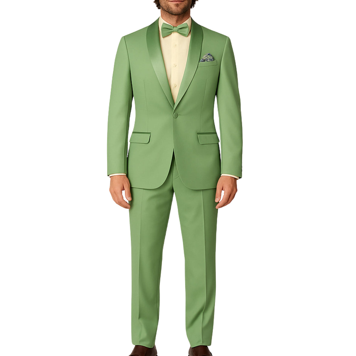 VINCI Men's Sage Green Stretch 1-Button Slim-Fit Shawl Tuxedo - NEW. Features a sleek slim-fit design with skinny sateen shawl lapel and flat-front pants ready for tailoring. Ideal for weddings, galas, and formal occasions. Available at Fashion House Inc. (FH Menswear)