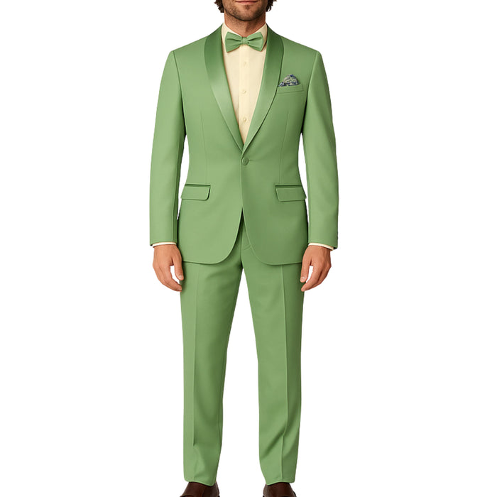 VINCI Men's Sage Green Stretch 1-Button Slim-Fit Shawl Tuxedo - NEW. Features a sleek slim-fit design with skinny sateen shawl lapel and flat-front pants ready for tailoring. Ideal for weddings, galas, and formal occasions. Available at Fashion House Inc. (FH Menswear)