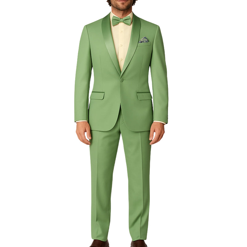 VINCI Men's Sage Green Stretch 1-Button Slim-Fit Shawl Tuxedo - NEW. Features a sleek slim-fit design with skinny sateen shawl lapel and flat-front pants ready for tailoring. Ideal for weddings, galas, and formal occasions. Available at Fashion House Inc. (FH Menswear)