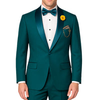 VINCI Men's Teal Blue Green Stretch 1-Button Slim-Fit Shawl Tuxedo - NEW. Features a sleek slim-fit design with skinny sateen shawl lapel and flat-front pants ready for tailoring. Ideal for weddings, galas, and formal occasions. Available at Fashion House Inc. (FH Menswear)