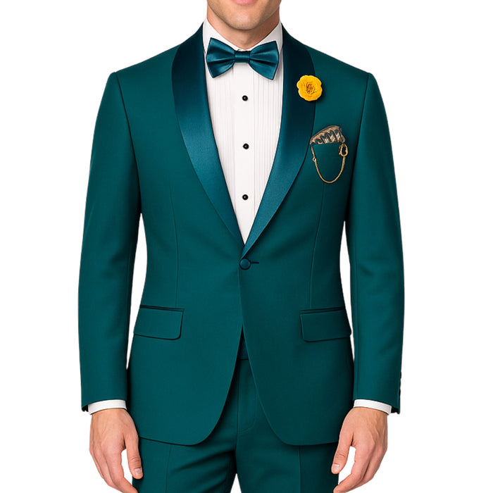 VINCI Men's Teal Blue Green Stretch 1-Button Slim-Fit Shawl Tuxedo - NEW. Features a sleek slim-fit design with skinny sateen shawl lapel and flat-front pants ready for tailoring. Ideal for weddings, galas, and formal occasions. Available at Fashion House Inc. (FH Menswear)