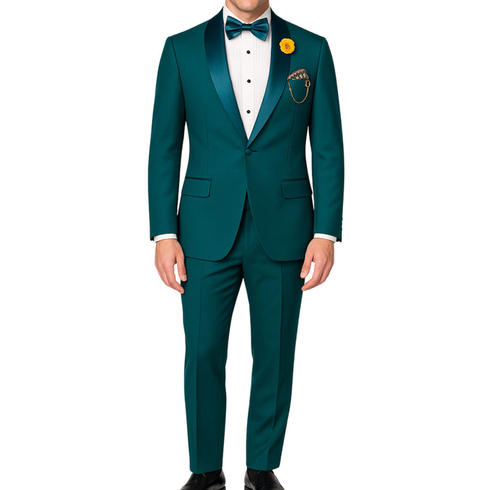 VINCI Men's Teal Blue Green Stretch 1-Button Slim-Fit Shawl Tuxedo - NEW. Features a sleek slim-fit design with skinny sateen shawl lapel and flat-front pants ready for tailoring. Ideal for weddings, galas, and formal occasions. Available at Fashion House Inc. (FH Menswear)