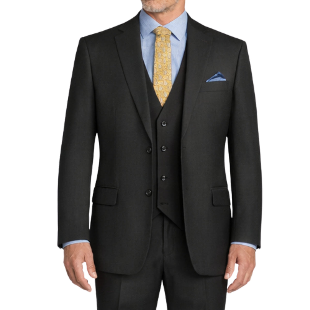 VINCI Men's Black 3-Piece 2-Button Classic-Fit Suit - NEW with Matching Vest. Features a fully lined notch lapel jacket, flat-front pants ready for custom tailoring, and a coordinating vest. Ideal for professional settings and social outings. Available at Fashion House Inc. (FH Menswear)