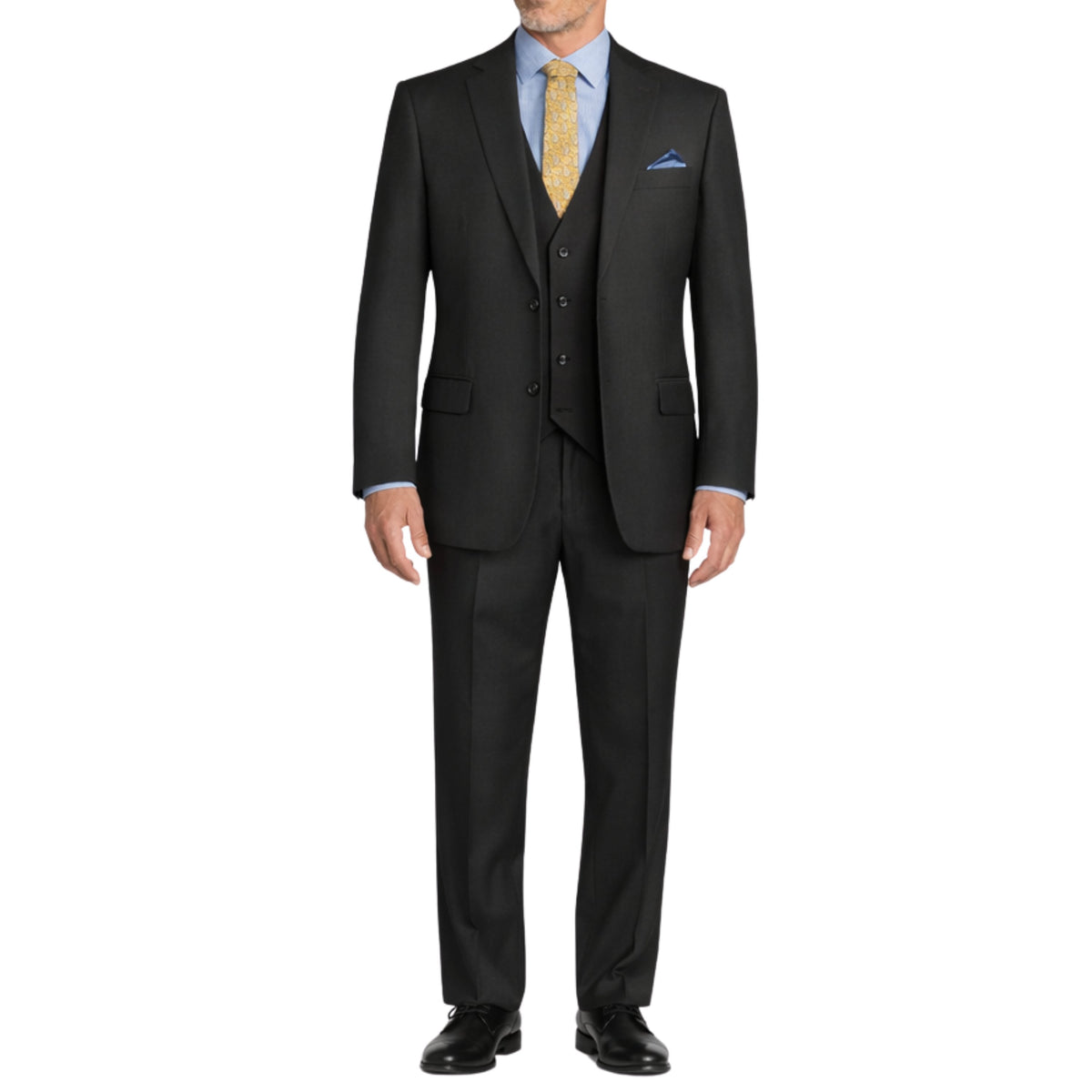 VINCI Men's Black 3-Piece 2-Button Classic-Fit Suit - NEW with Matching Vest. Features a fully lined notch lapel jacket, flat-front pants ready for custom tailoring, and a coordinating vest. Ideal for professional settings and social outings. Available at Fashion House Inc. (FH Menswear)