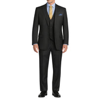 VINCI Men's Black 3-Piece 2-Button Classic-Fit Suit - NEW with Matching Vest. Features a fully lined notch lapel jacket, flat-front pants ready for custom tailoring, and a coordinating vest. Ideal for professional settings and social outings. Available at Fashion House Inc. (FH Menswear)
