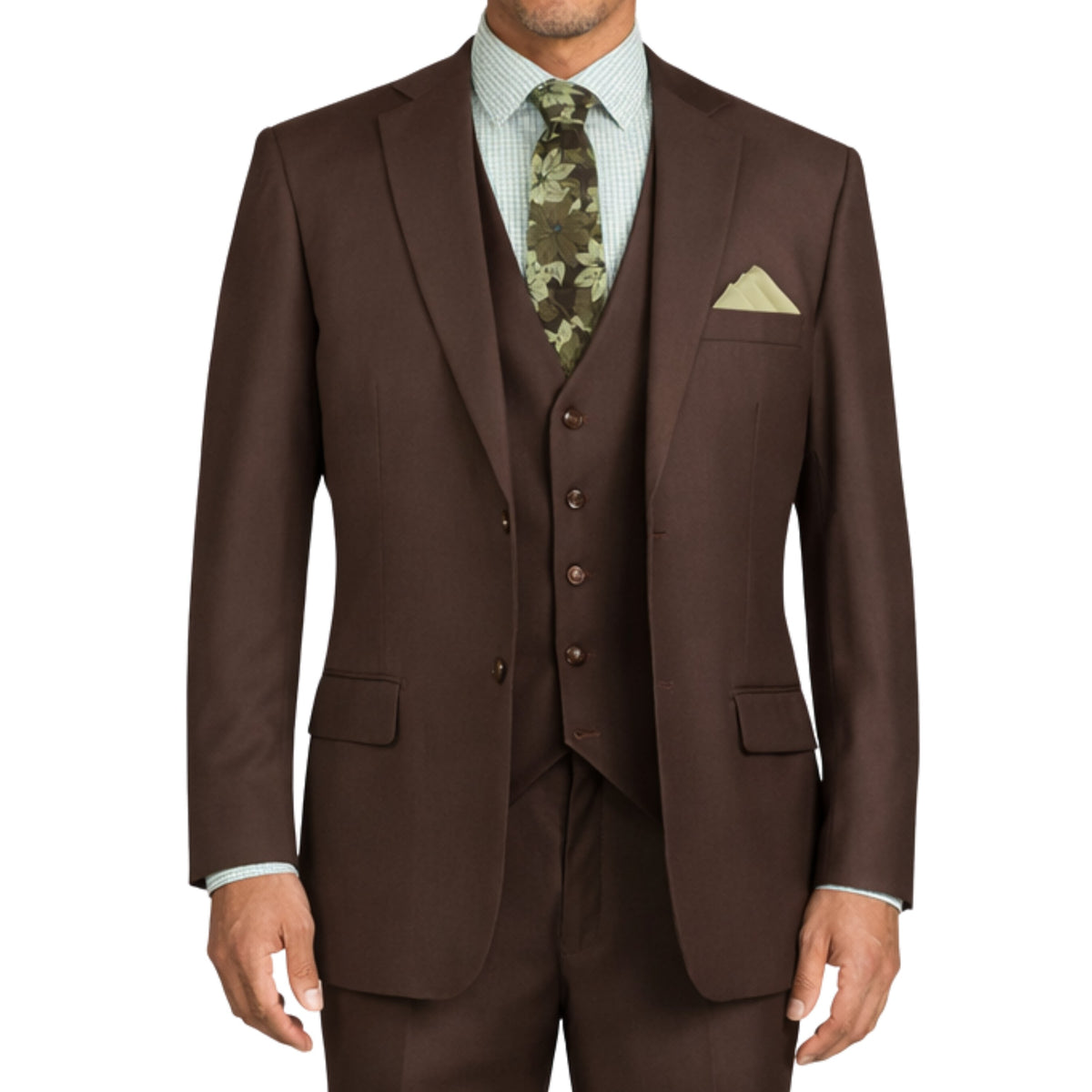 VINCI Men's Brown 3-Piece 2-Button Classic-Fit Suit - NEW with Matching Vest. Features a fully lined notch lapel jacket, flat-front pants ready for custom tailoring, and a coordinating vest. Ideal for professional settings and social outings. Available at Fashion House Inc. (FH Menswear)