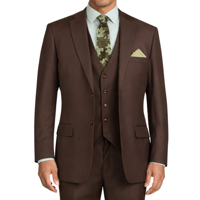 VINCI Men's Brown 3-Piece 2-Button Classic-Fit Suit - NEW with Matching Vest. Features a fully lined notch lapel jacket, flat-front pants ready for custom tailoring, and a coordinating vest. Ideal for professional settings and social outings. Available at Fashion House Inc. (FH Menswear)