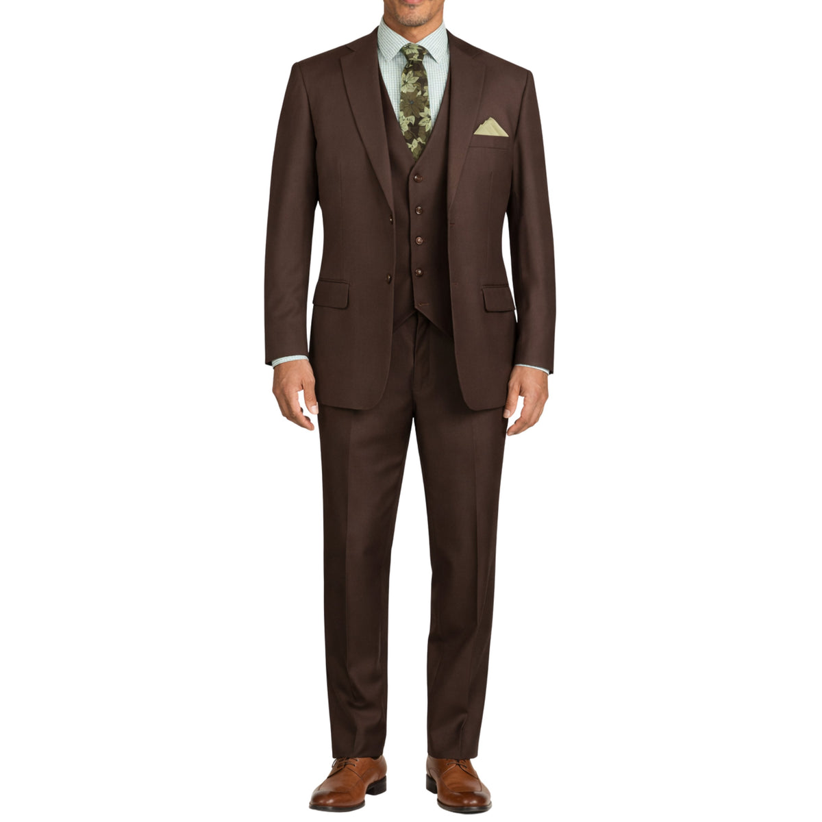 VINCI Men's Brown 3-Piece 2-Button Classic-Fit Suit - NEW with Matching Vest. Features a fully lined notch lapel jacket, flat-front pants ready for custom tailoring, and a coordinating vest. Ideal for professional settings and social outings. Available at Fashion House Inc. (FH Menswear)
