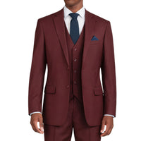 VINCI Men's Burgundy 3-Piece 2-Button Classic-Fit Suit - NEW with Matching Vest. Features a fully lined notch lapel jacket, flat-front pants ready for custom tailoring, and a coordinating vest. Ideal for professional settings and social outings. Available at Fashion House Inc. (FH Menswear)