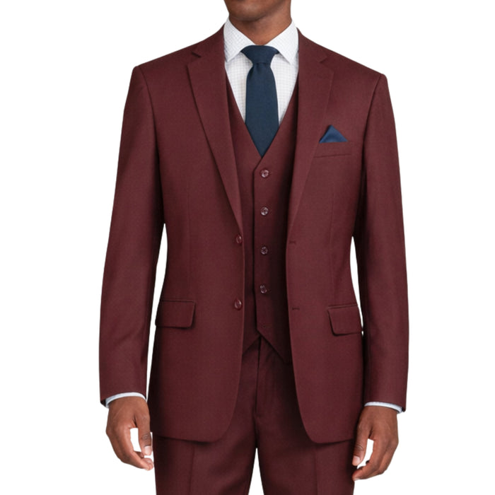VINCI Men's Burgundy 3-Piece 2-Button Classic-Fit Suit - NEW with Matching Vest. Features a fully lined notch lapel jacket, flat-front pants ready for custom tailoring, and a coordinating vest. Ideal for professional settings and social outings. Available at Fashion House Inc. (FH Menswear)