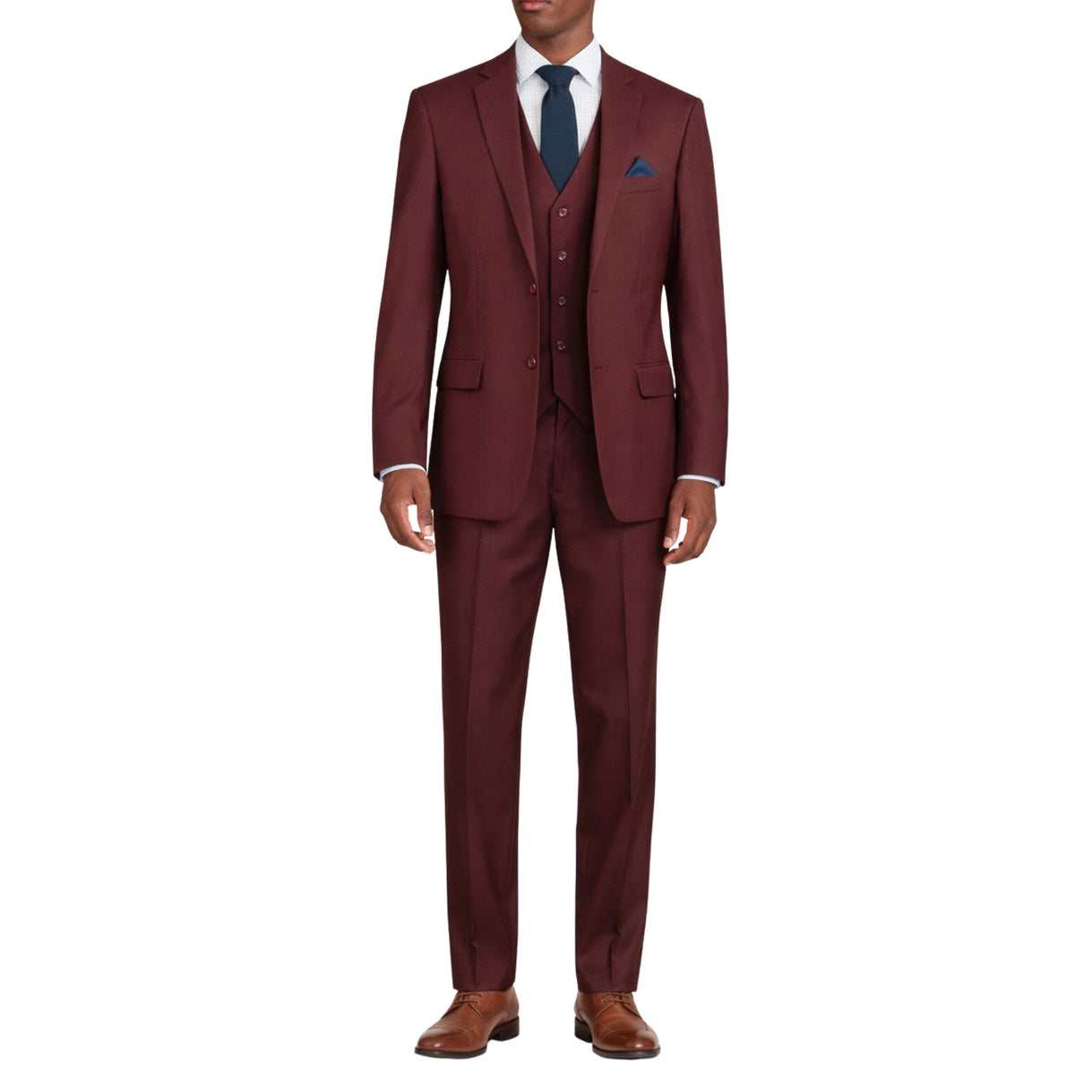 VINCI Men's Burgundy 3-Piece 2-Button Classic-Fit Suit - NEW with Matching Vest. Features a fully lined notch lapel jacket, flat-front pants ready for custom tailoring, and a coordinating vest. Ideal for professional settings and social outings. Available at Fashion House Inc. (FH Menswear)