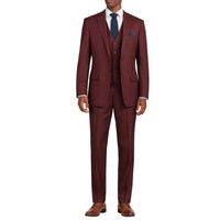 VINCI Men's Burgundy 3-Piece 2-Button Classic-Fit Suit - NEW with Matching Vest. Features a fully lined notch lapel jacket, flat-front pants ready for custom tailoring, and a coordinating vest. Ideal for professional settings and social outings. Available at Fashion House Inc. (FH Menswear)