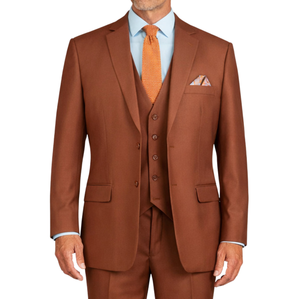 VINCI Men's Cognac 3-Piece 2-Button Classic-Fit Suit - NEW with Matching Vest. Features a fully lined notch lapel jacket, flat-front pants ready for custom tailoring, and a coordinating vest. Ideal for professional settings and social outings. Available at Fashion House Inc. (FH Menswear)