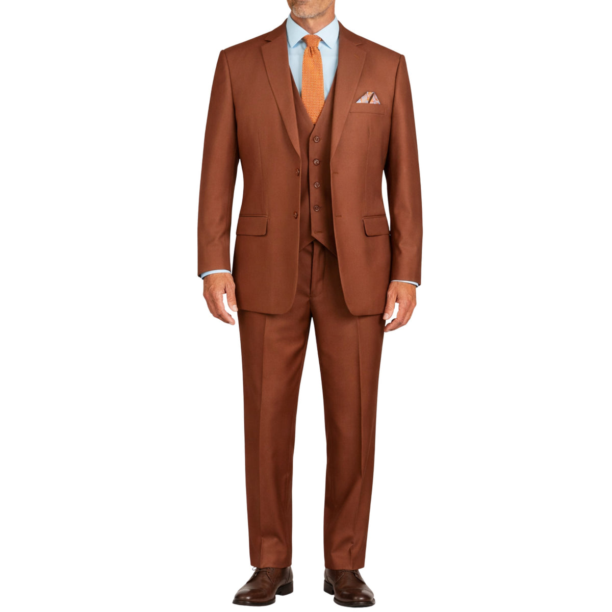VINCI Men's Cognac 3-Piece 2-Button Classic-Fit Suit - NEW with Matching Vest. Features a fully lined notch lapel jacket, flat-front pants ready for custom tailoring, and a coordinating vest. Ideal for professional settings and social outings. Available at Fashion House Inc. (FH Menswear)
