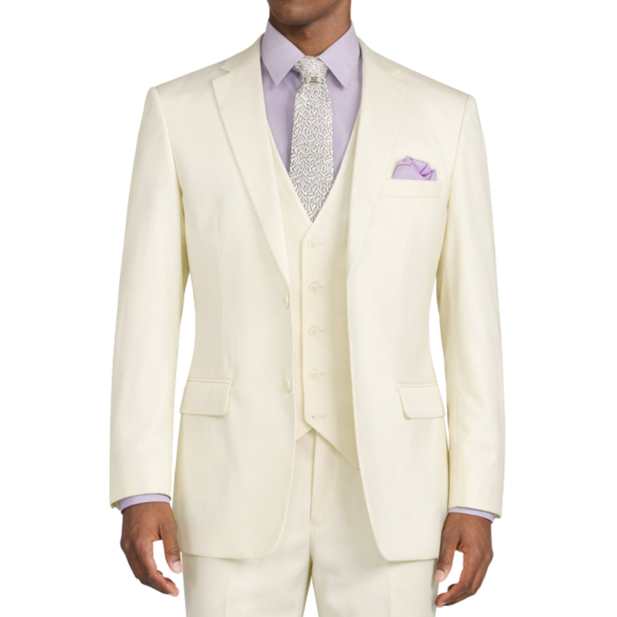 VINCI Men's Ivory 3-Piece 2-Button Classic-Fit Suit - NEW with Matching Vest. Features a fully lined notch lapel jacket, flat-front pants ready for custom tailoring, and a coordinating vest. Ideal for professional settings and social outings. Available at Fashion House Inc. (FH Menswear)