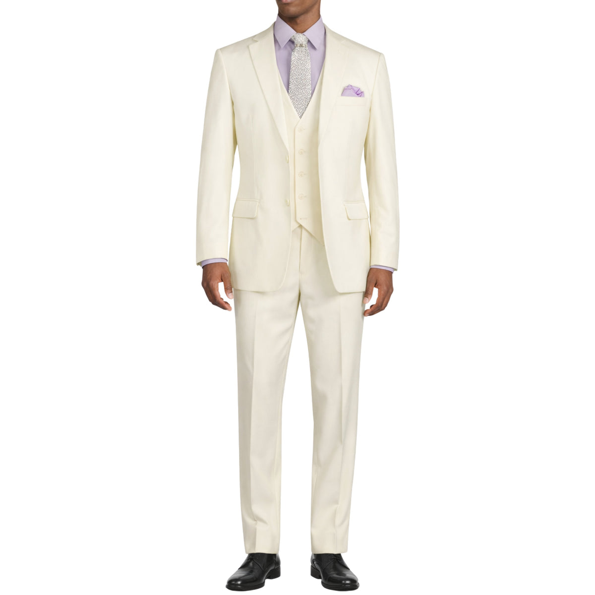 VINCI Men's Ivory 3-Piece 2-Button Classic-Fit Suit - NEW with Matching Vest. Features a fully lined notch lapel jacket, flat-front pants ready for custom tailoring, and a coordinating vest. Ideal for professional settings and social outings. Available at Fashion House Inc. (FH Menswear)