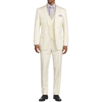 VINCI Men's Ivory 3-Piece 2-Button Classic-Fit Suit - NEW with Matching Vest. Features a fully lined notch lapel jacket, flat-front pants ready for custom tailoring, and a coordinating vest. Ideal for professional settings and social outings. Available at Fashion House Inc. (FH Menswear)