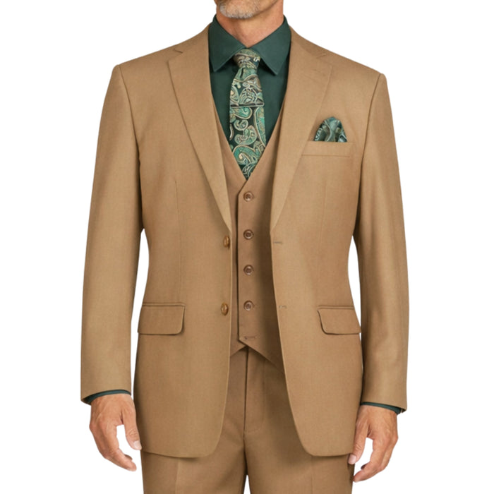 VINCI Men's Khaki 3-Piece 2-Button Classic-Fit Suit - NEW with Matching Vest. Features a fully lined notch lapel jacket, flat-front pants ready for custom tailoring, and a coordinating vest. Ideal for professional settings and social outings. Available at Fashion House Inc. (FH Menswear)