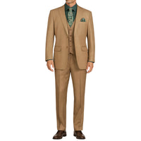 VINCI Men's Khaki 3-Piece 2-Button Classic-Fit Suit - NEW with Matching Vest. Features a fully lined notch lapel jacket, flat-front pants ready for custom tailoring, and a coordinating vest. Ideal for professional settings and social outings. Available at Fashion House Inc. (FH Menswear)