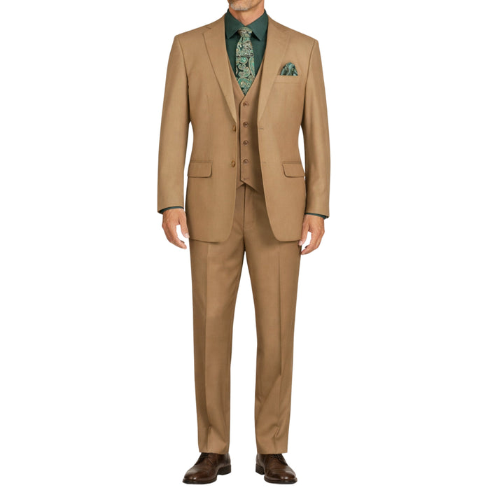 VINCI Men's Khaki 3-Piece 2-Button Classic-Fit Suit - NEW with Matching Vest. Features a fully lined notch lapel jacket, flat-front pants ready for custom tailoring, and a coordinating vest. Ideal for professional settings and social outings. Available at Fashion House Inc. (FH Menswear)