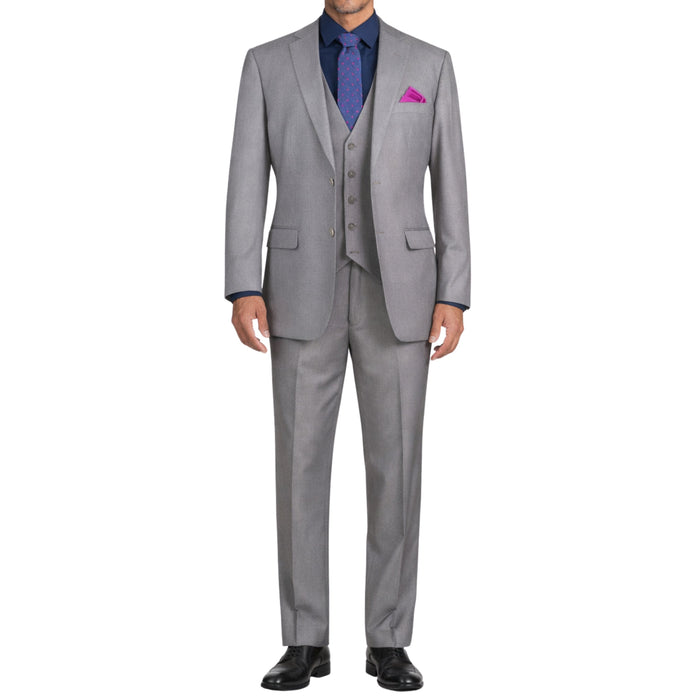 VINCI Men's Medium Gray 3-Piece 2-Button Classic-Fit Suit - NEW with Matching Vest. Features a fully lined notch lapel jacket, flat-front pants ready for custom tailoring, and a coordinating vest. Ideal for professional settings and social outings. Available at Fashion House Inc. (FH Menswear)