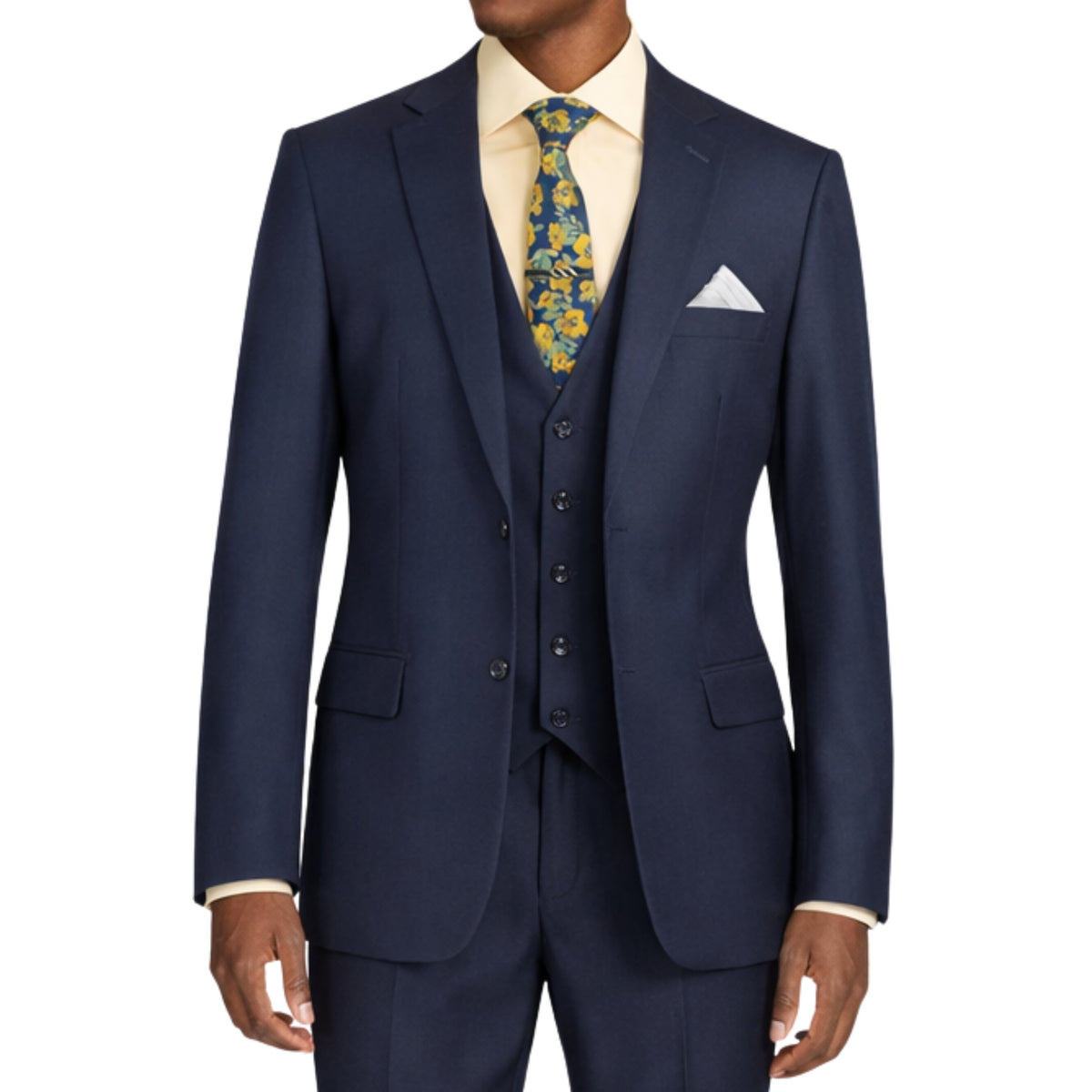 VINCI Men's Navy Blue 3-Piece 2-Button Classic-Fit Suit - NEW with Matching Vest. Features a fully lined notch lapel jacket, flat-front pants ready for custom tailoring, and a coordinating vest. Ideal for professional settings and social outings. Available at Fashion House Inc. (FH Menswear)