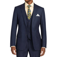 VINCI Men's Navy Blue 3-Piece 2-Button Classic-Fit Suit - NEW with Matching Vest. Features a fully lined notch lapel jacket, flat-front pants ready for custom tailoring, and a coordinating vest. Ideal for professional settings and social outings. Available at Fashion House Inc. (FH Menswear)