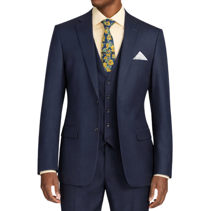 VINCI Men's Navy Blue 3-Piece 2-Button Classic-Fit Suit - NEW with Matching Vest. Features a fully lined notch lapel jacket, flat-front pants ready for custom tailoring, and a coordinating vest. Ideal for professional settings and social outings. Available at Fashion House Inc. (FH Menswear)