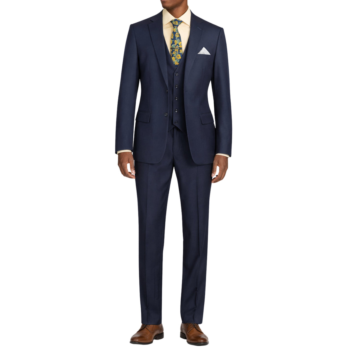 VINCI Men's Navy Blue 3-Piece 2-Button Classic-Fit Suit - NEW with Matching Vest. Features a fully lined notch lapel jacket, flat-front pants ready for custom tailoring, and a coordinating vest. Ideal for professional settings and social outings. Available at Fashion House Inc. (FH Menswear)