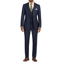 VINCI Men's Navy Blue 3-Piece 2-Button Classic-Fit Suit - NEW with Matching Vest. Features a fully lined notch lapel jacket, flat-front pants ready for custom tailoring, and a coordinating vest. Ideal for professional settings and social outings. Available at Fashion House Inc. (FH Menswear)