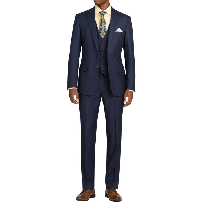 VINCI Men's Navy Blue 3-Piece 2-Button Classic-Fit Suit - NEW with Matching Vest. Features a fully lined notch lapel jacket, flat-front pants ready for custom tailoring, and a coordinating vest. Ideal for professional settings and social outings. Available at Fashion House Inc. (FH Menswear)