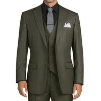 VINCI Men's Olive Green 3-Piece 2-Button Classic-Fit Suit - NEW with Matching Vest. Features a fully lined notch lapel jacket, flat-front pants ready for custom tailoring, and a coordinating vest. Ideal for professional settings and social outings. Available at Fashion House Inc. (FH Menswear)