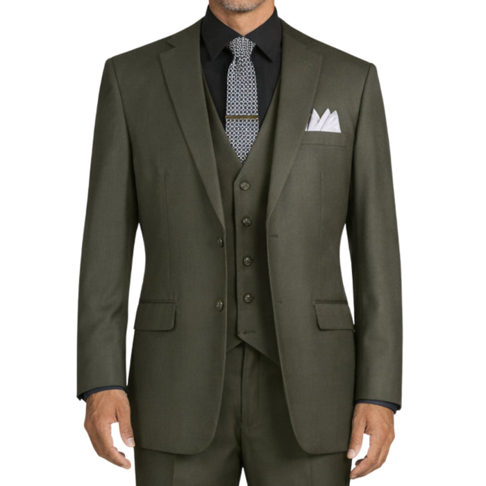 VINCI Men's Olive Green 3-Piece 2-Button Classic-Fit Suit - NEW with Matching Vest. Features a fully lined notch lapel jacket, flat-front pants ready for custom tailoring, and a coordinating vest. Ideal for professional settings and social outings. Available at Fashion House Inc. (FH Menswear)