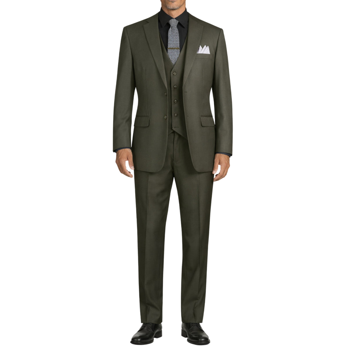 VINCI Men's Olive Green 3-Piece 2-Button Classic-Fit Suit - NEW with Matching Vest. Features a fully lined notch lapel jacket, flat-front pants ready for custom tailoring, and a coordinating vest. Ideal for professional settings and social outings. Available at Fashion House Inc. (FH Menswear)