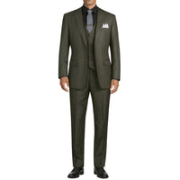 VINCI Men's Olive Green 3-Piece 2-Button Classic-Fit Suit - NEW with Matching Vest. Features a fully lined notch lapel jacket, flat-front pants ready for custom tailoring, and a coordinating vest. Ideal for professional settings and social outings. Available at Fashion House Inc. (FH Menswear)