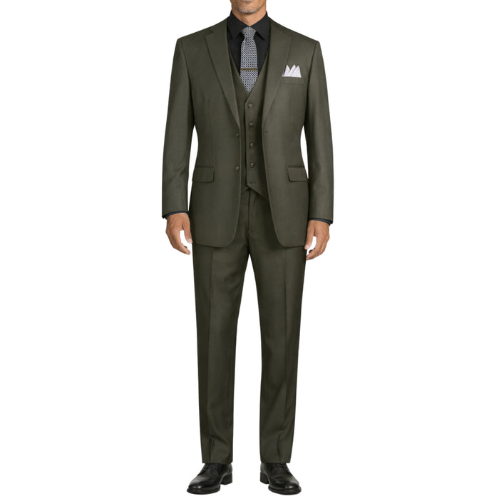 VINCI Men's Olive Green 3-Piece 2-Button Classic-Fit Suit - NEW with Matching Vest. Features a fully lined notch lapel jacket, flat-front pants ready for custom tailoring, and a coordinating vest. Ideal for professional settings and social outings. Available at Fashion House Inc. (FH Menswear)