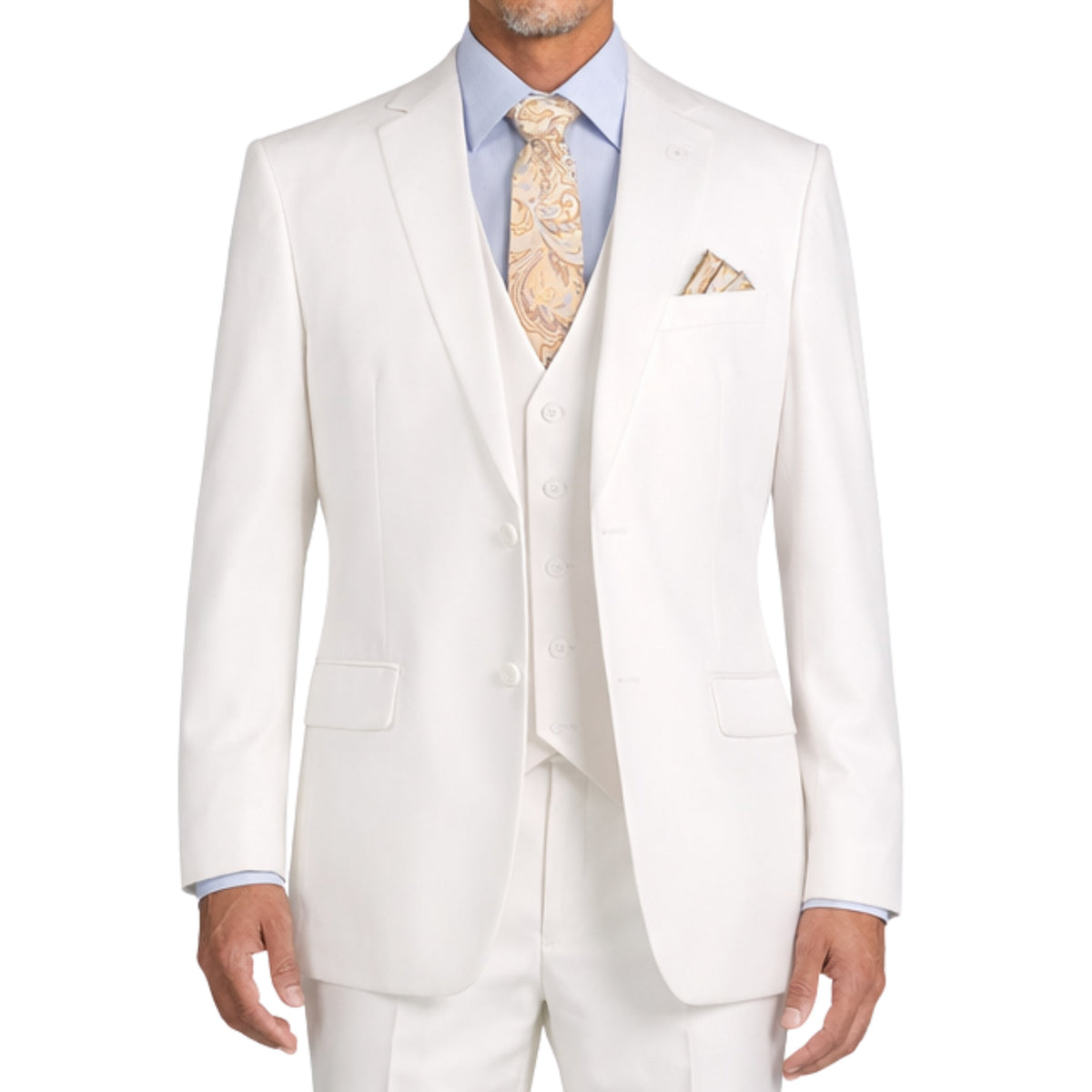 VINCI Men's White 3-Piece 2-Button Classic-Fit Suit - NEW with Matching Vest. Features a fully lined notch lapel jacket, flat-front pants ready for custom tailoring, and a coordinating vest. Ideal for professional settings and social outings. Available at Fashion House Inc. (FH Menswear)