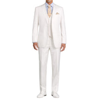 VINCI Men's White 3-Piece 2-Button Classic-Fit Suit - NEW with Matching Vest. Features a fully lined notch lapel jacket, flat-front pants ready for custom tailoring, and a coordinating vest. Ideal for professional settings and social outings. Available at Fashion House Inc. (FH Menswear)